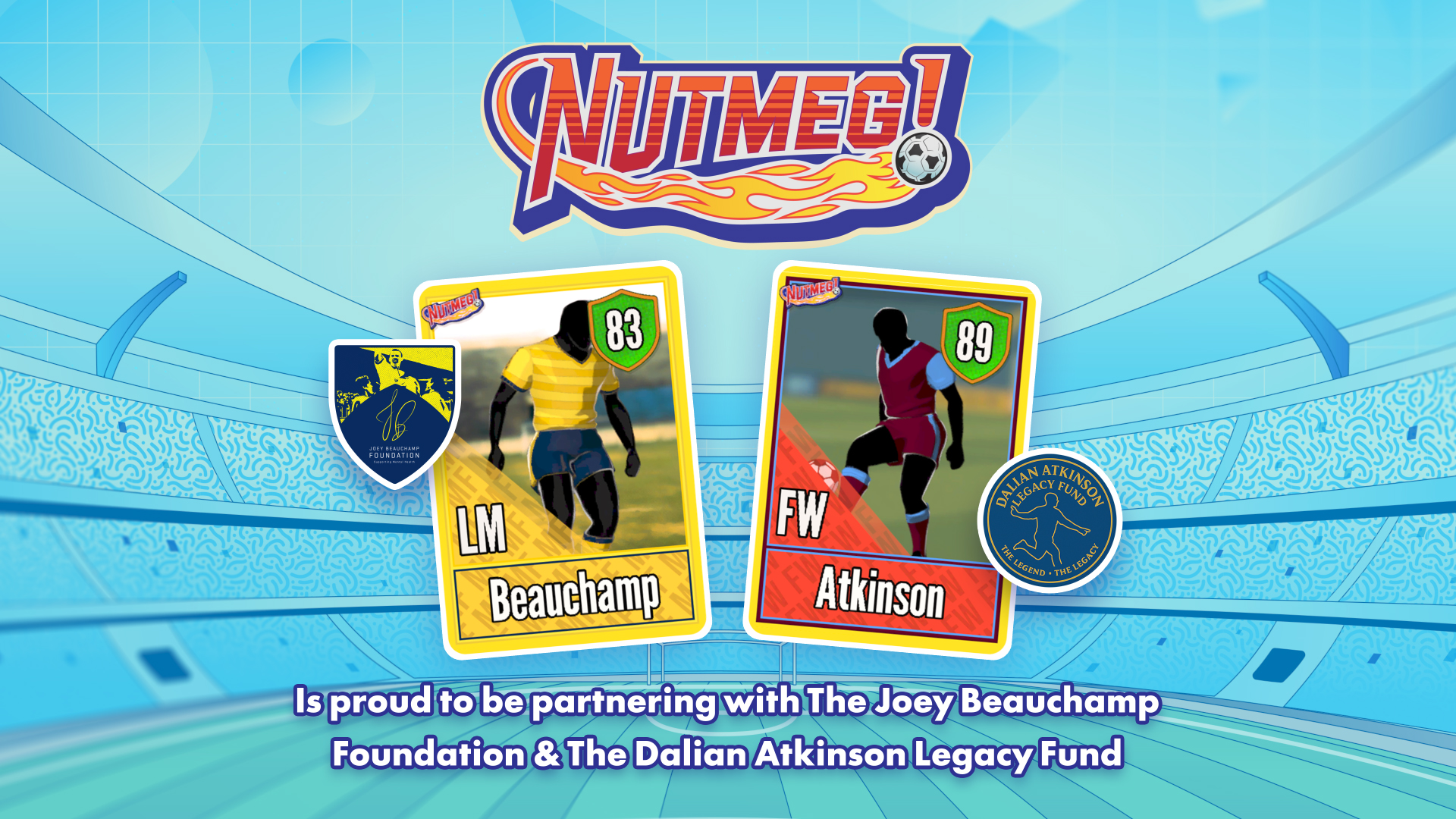 A header image for the NUTMEG! charity partnership, featuring player cards of Joey Beauchamp and Dalian Atkinson